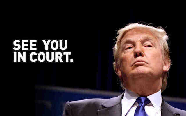 The words 'See You in Court' next to Trump's scowling face
