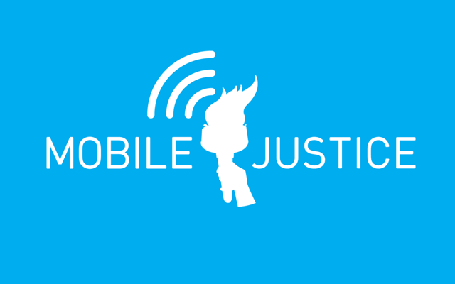 The words Mobile Justice with a torch and a wifi signal